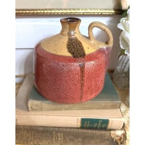 Hand thrown pottery Jug Vase With Handle Brown Beige Specked W/ Red Signed 72’